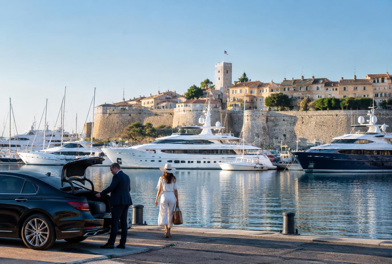 Port Vauban à Antibes avec yachts et berline noire au quai