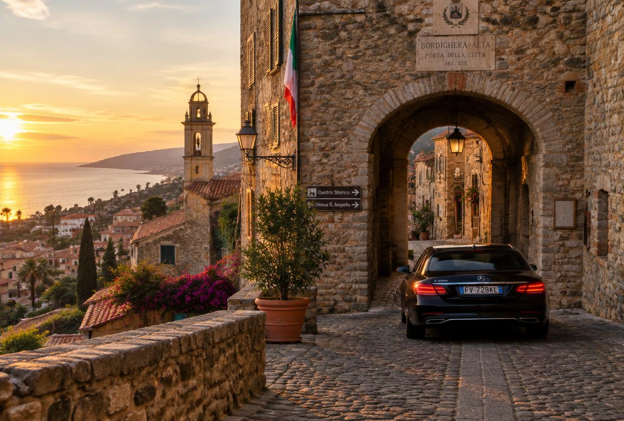 Porte de la vieille ville de Bordighera Alta au coucher du soleil