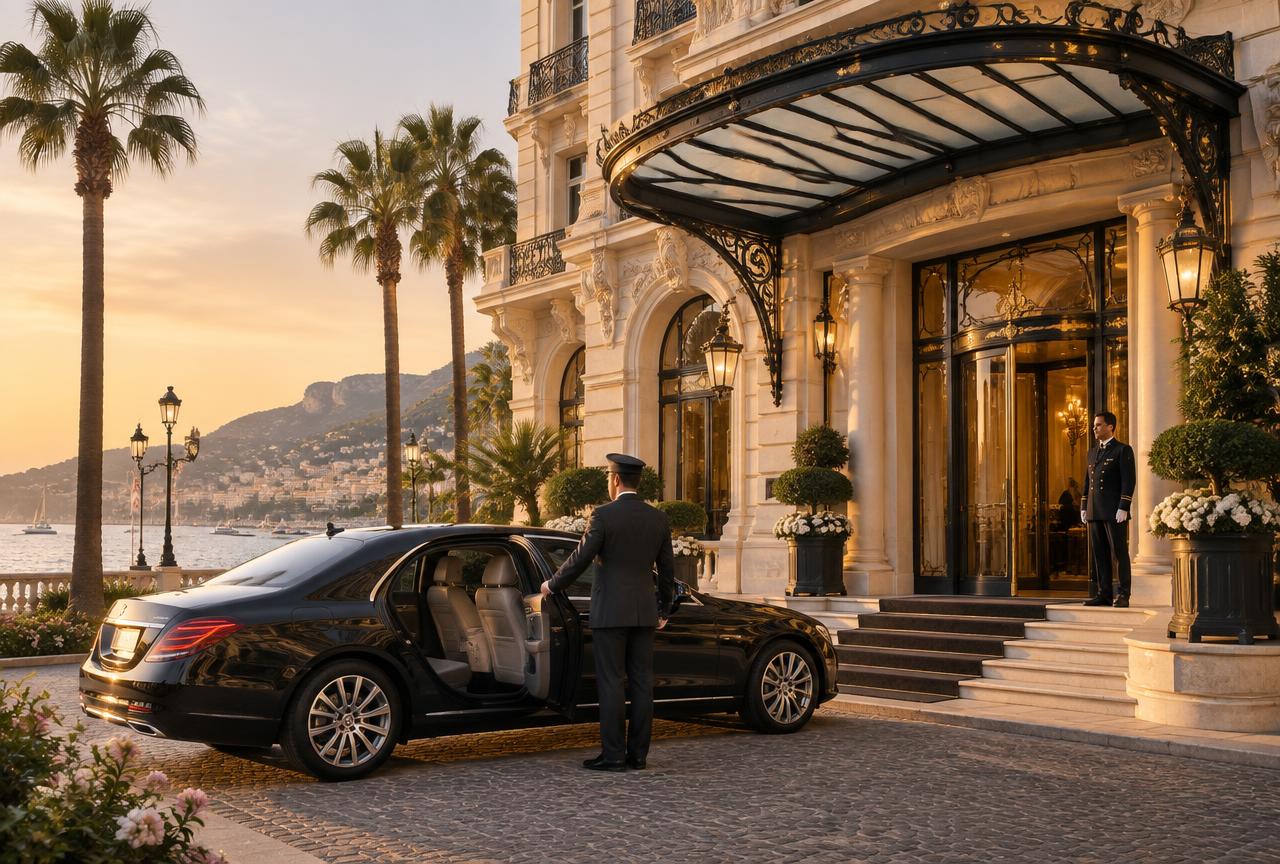 Chauffeur ouvrant la portière devant l'entrée d'un palace du front de mer à Cannes