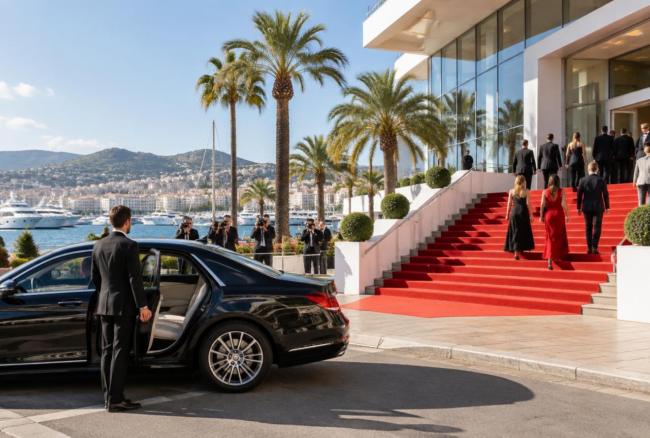 Berline avec chauffeur devant les marches du Palais des Festivals à Cannes