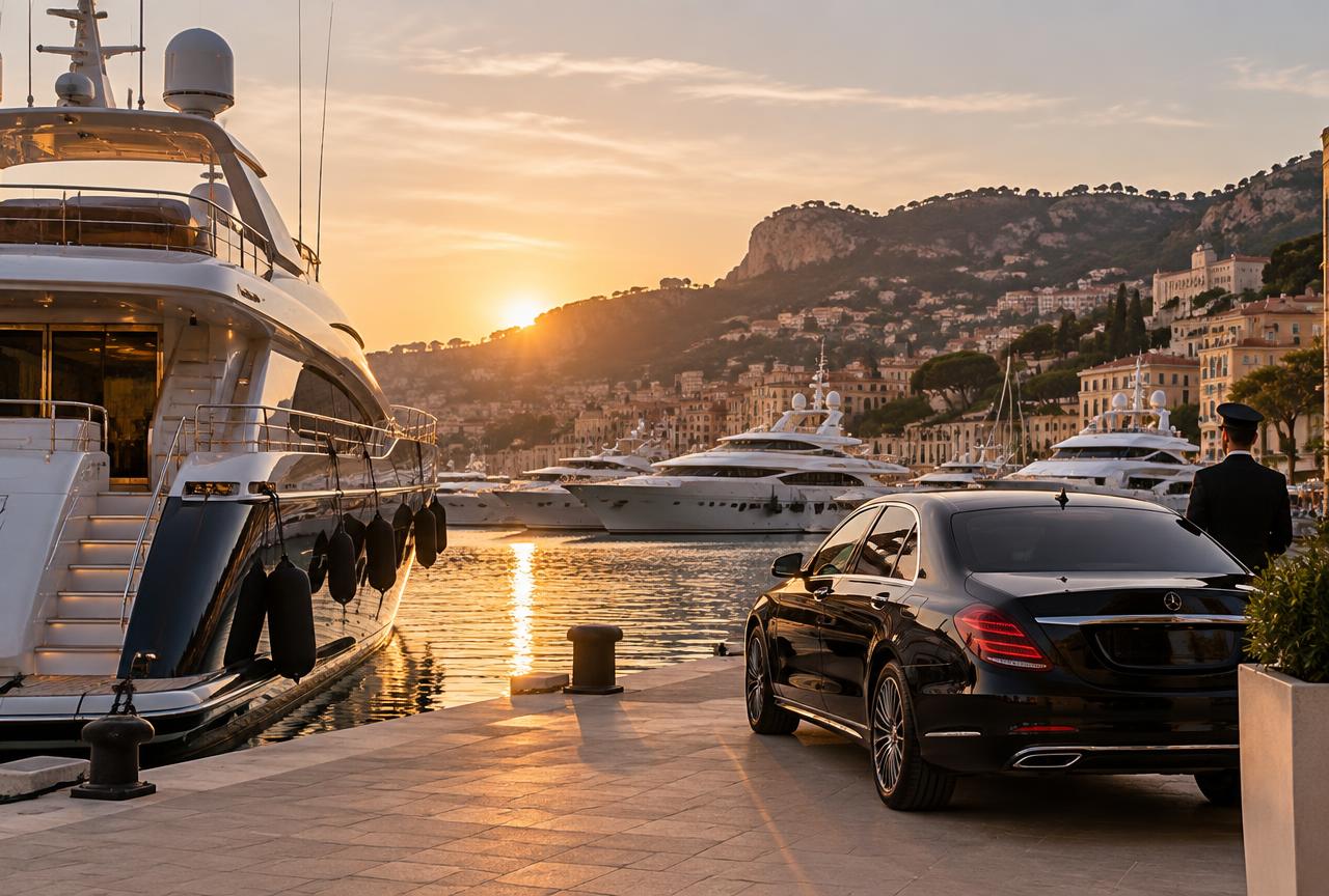 Yachts amarrés au port de Cannes avec une berline de chauffeur sur le quai