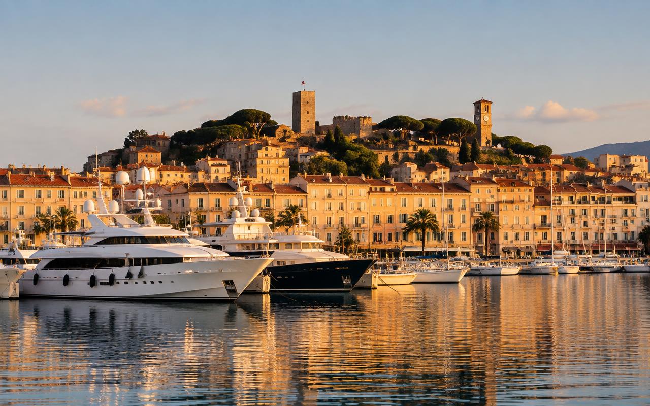 Vieux Port de Cannes et colline du Suquet au coucher du soleil