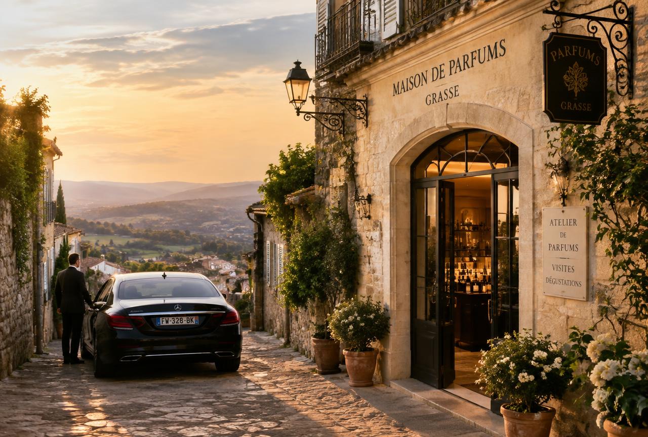 Ruelle de la vieille ville de Grasse devant une maison de parfums