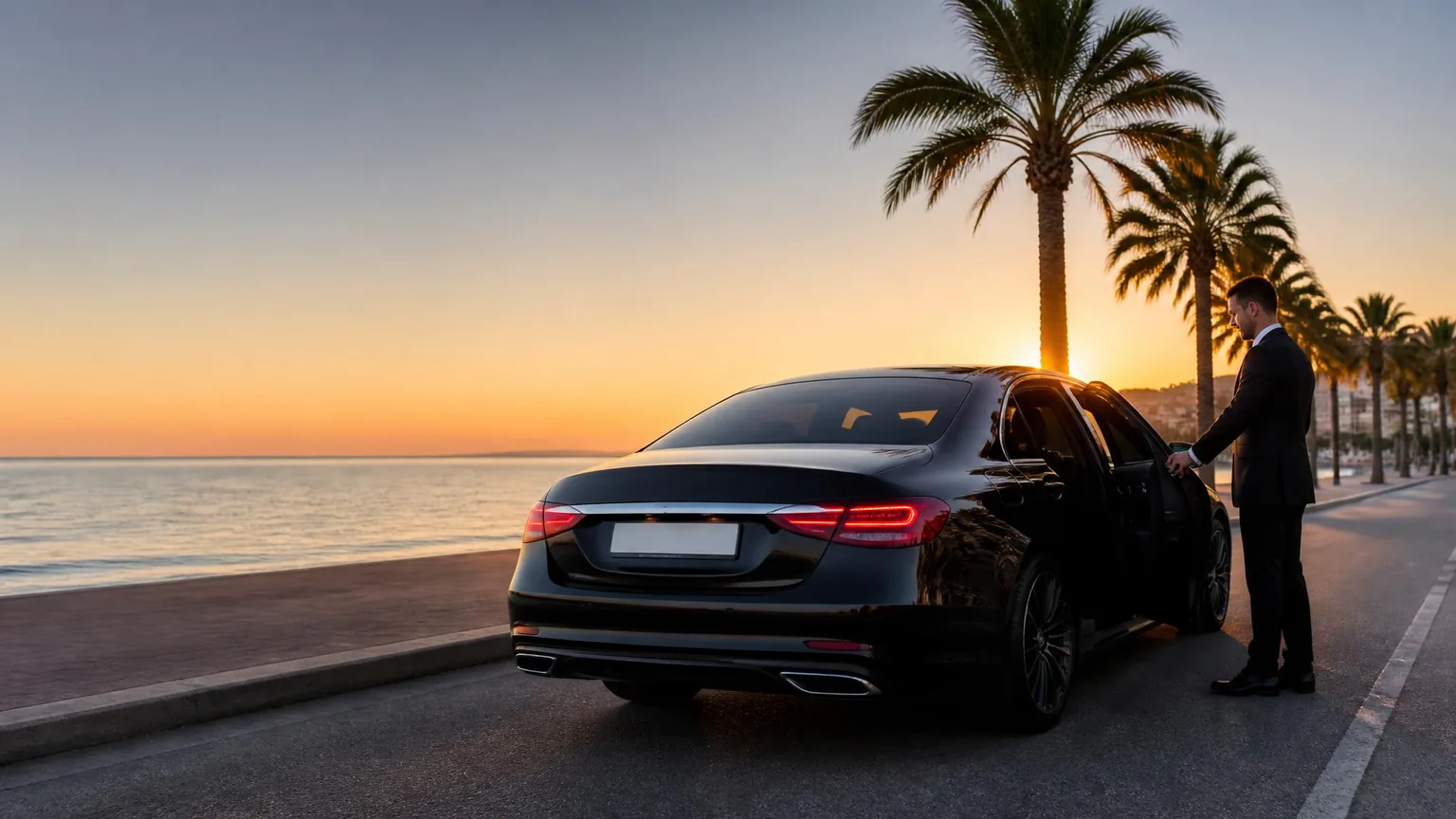 Berline noire avec chauffeur privé sur la Côte d'Azur