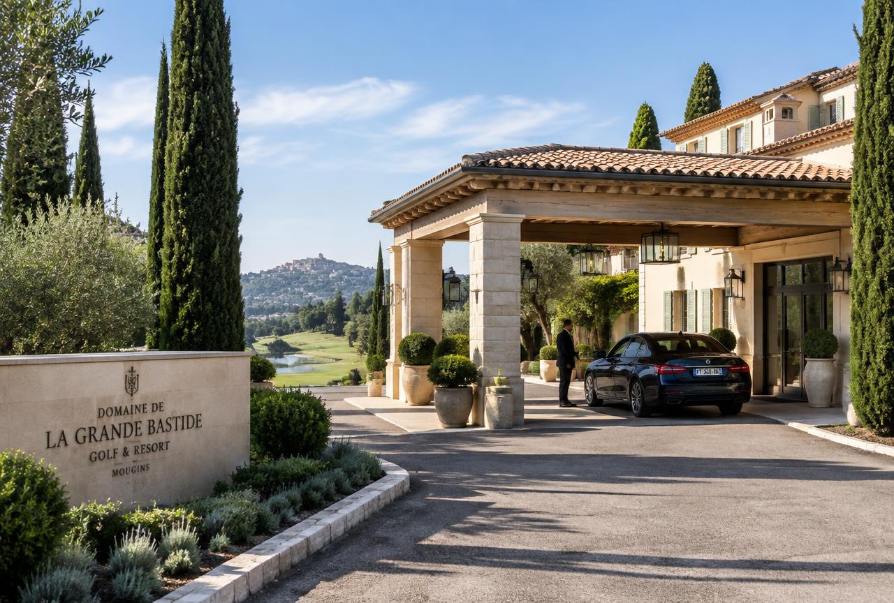Entrée d'un domaine de golf à Mougins avec porche de dépose
