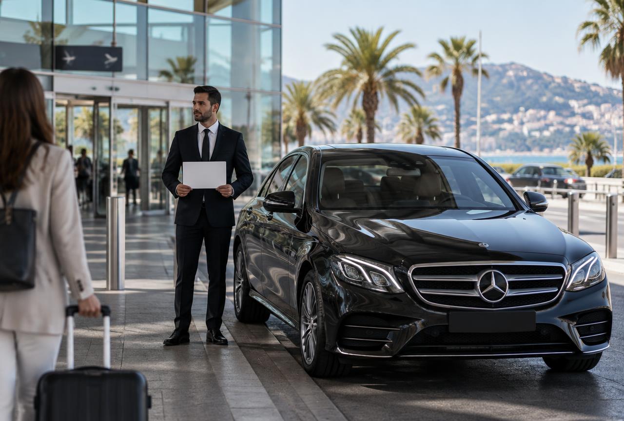 Chauffeur privé en costume attendant avec une pancarte à la sortie du Terminal 2 de l'aéroport de Nice