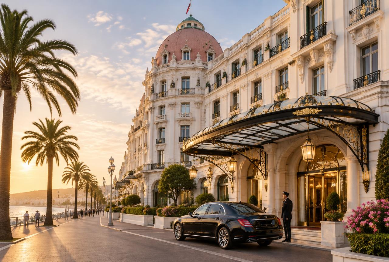 Berline avec chauffeur devant l'entrée d'un palace du bord de mer à Nice