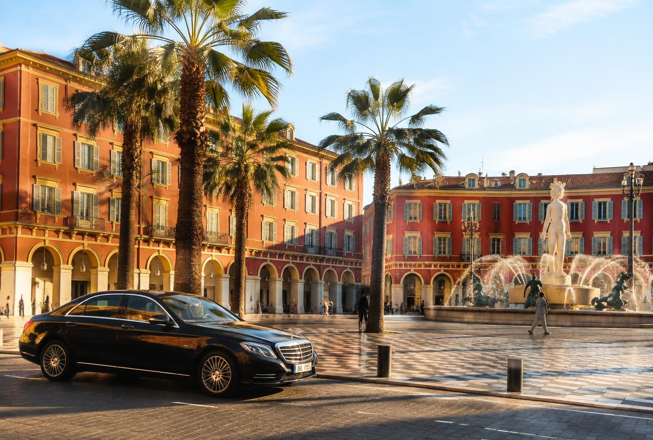 Place Masséna à Nice avec ses arcades rouges et sa fontaine