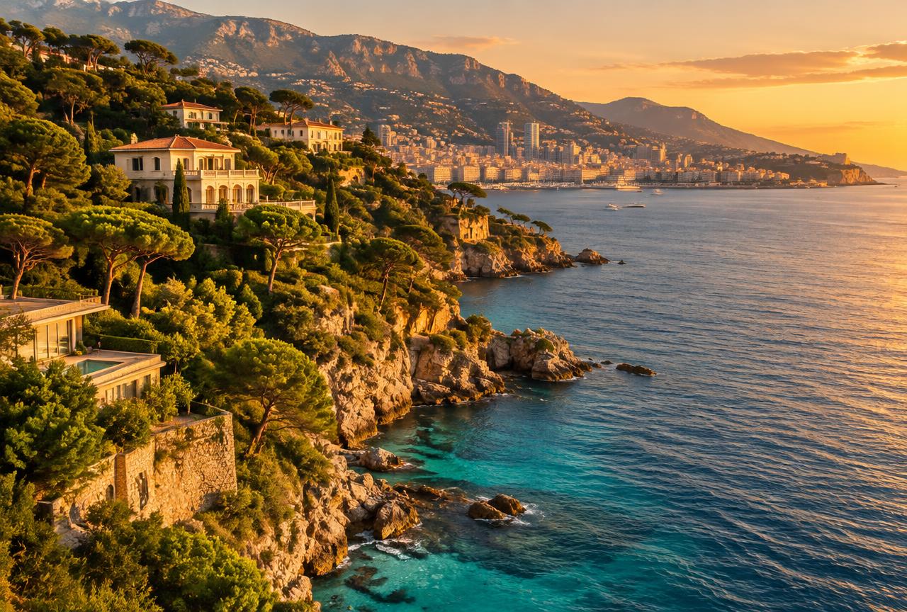 Villas du Cap Martin face à Monaco au coucher du soleil