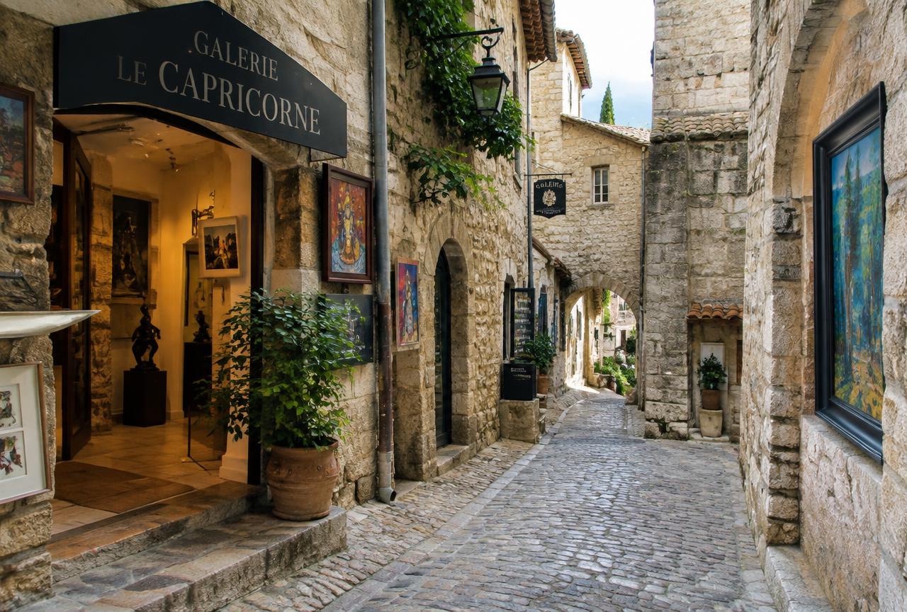 Ruelle pavée et galeries d'art à Saint-Paul-de-Vence