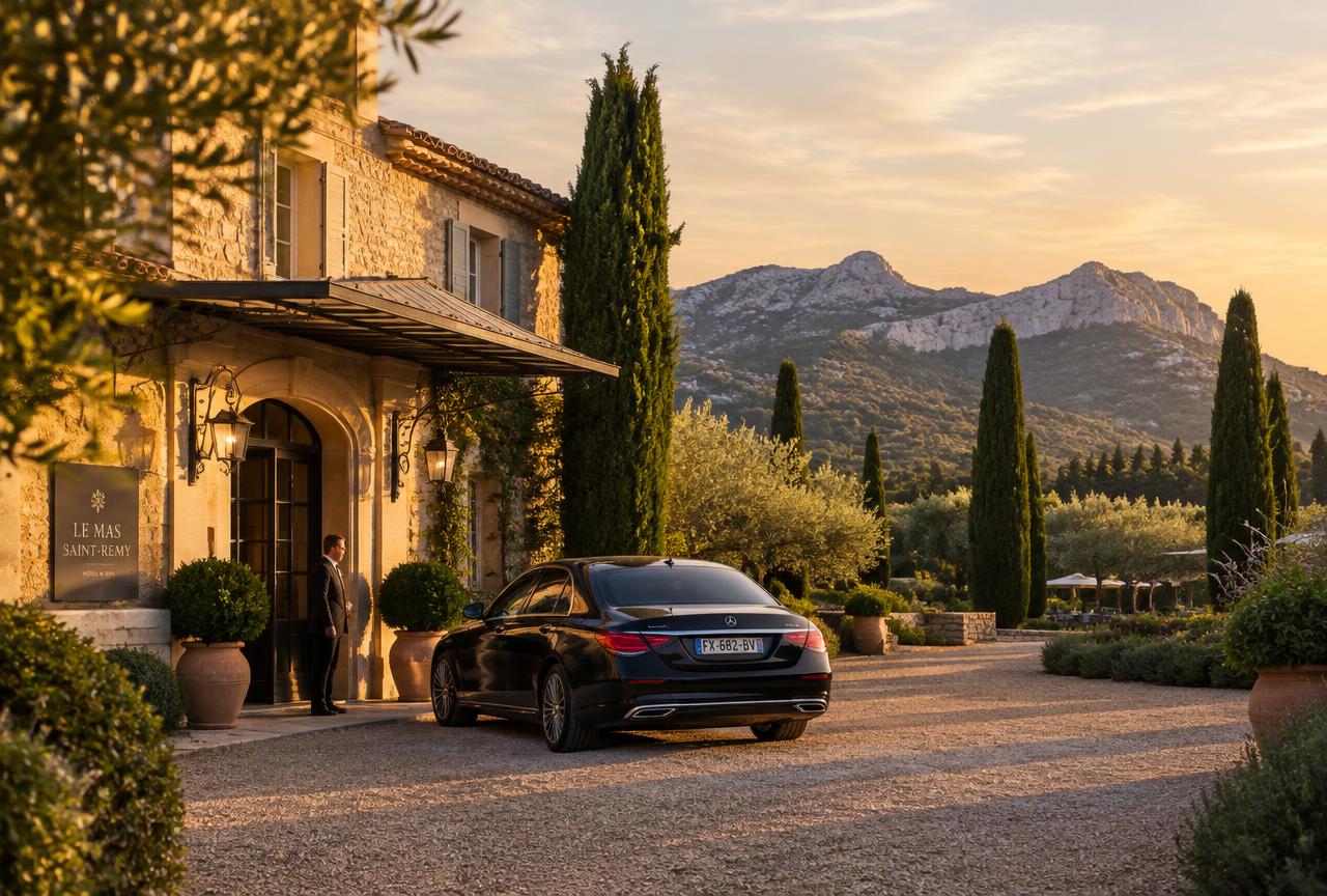 Alpilles mas hotel with cypress trees and a sedan at the door