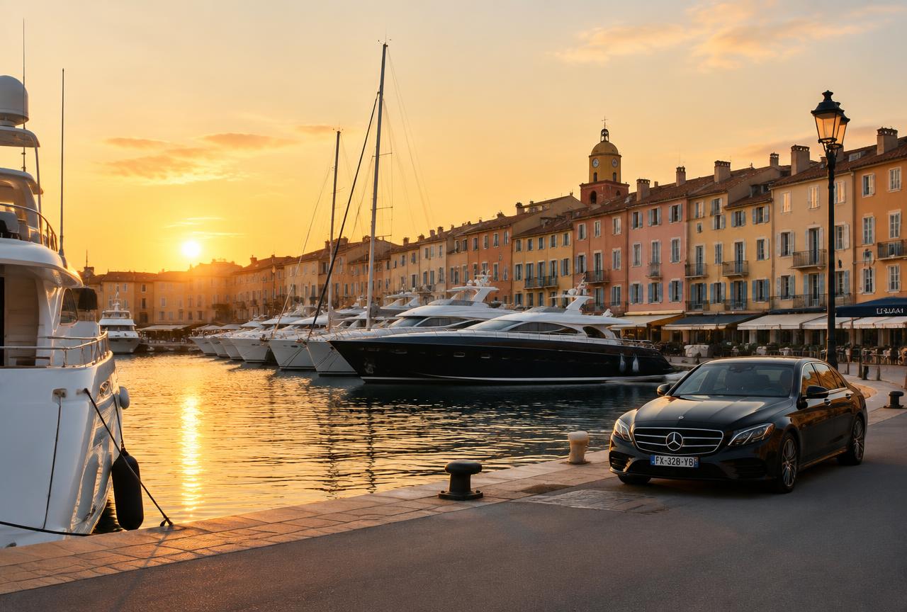 Port de Saint-Tropez au coucher du soleil avec berline Mercedes sur le quai