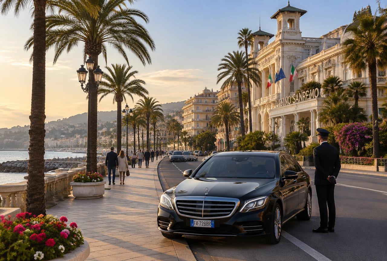 Berline avec chauffeur privé devant le casino de Sanremo en Italie
