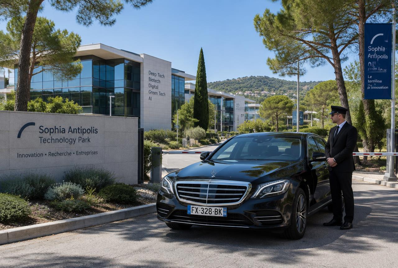Chauffeur en costume devant une berline à l'entrée d'un campus de Sophia Antipolis