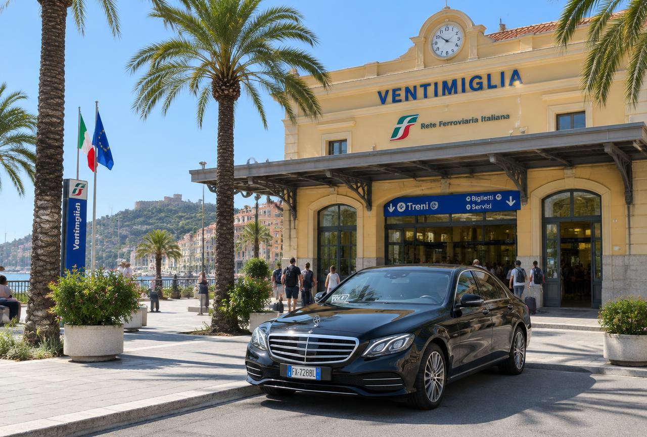 Berline avec chauffeur devant la gare de Vintimille en Italie